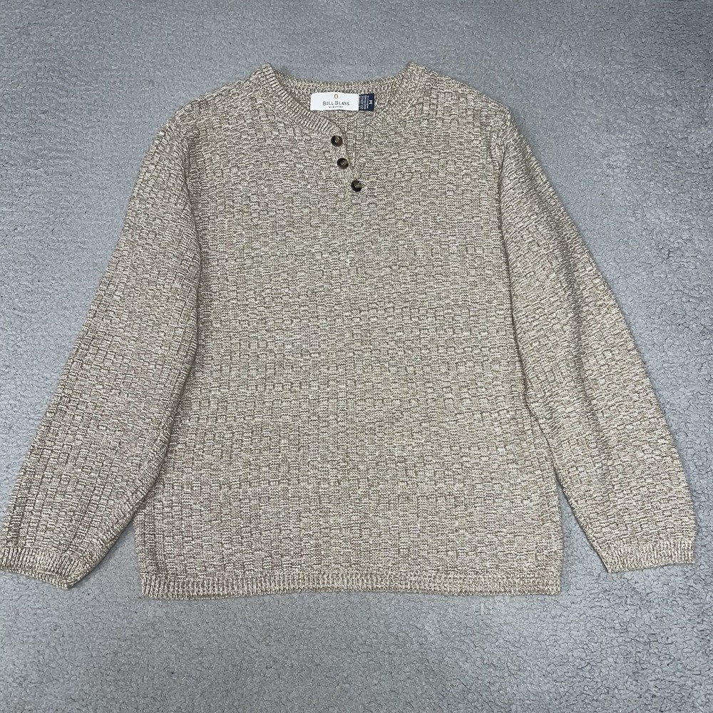 VTG Bill Blass Sweater Men's XL Brown Chunky Knit Henley Boho Fisherman Made USA